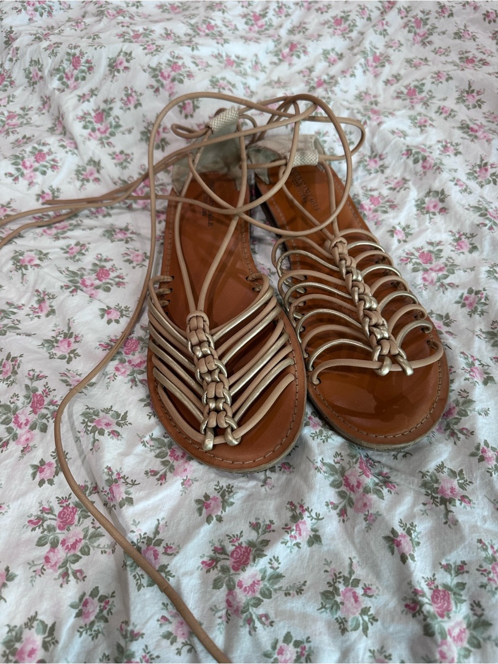 AE Women’s Tan and Gold Strappy Lace-Up Sandals